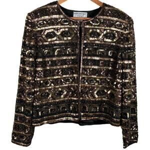 Papell Boutique Evening Silk Sequinned Beaded Large Brown Party Coat Blazer